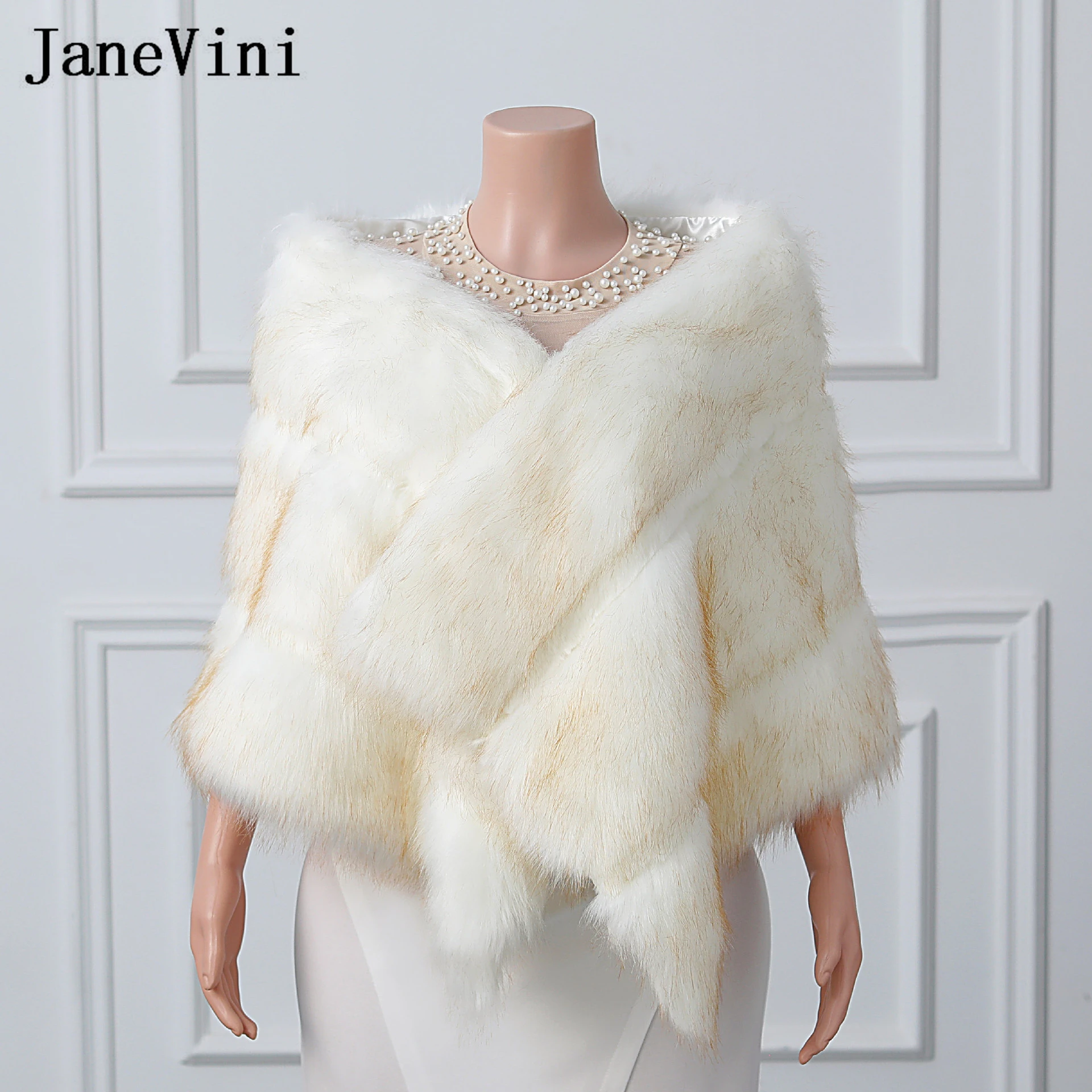 

JaneVini Stylish Faux Fur Shawl Wrap Women Wedding Party Cape De Mariage Bridal Bolero Stole Shoulder Cover Winter Coat Cloak