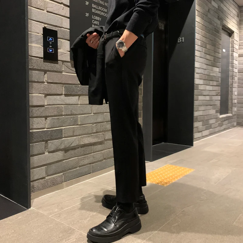 Style Korean Fashion Nine Point Trousers Men's Spring 2022 New Slim Straight Mid Waist Solid Color Suit Pants Male Tide