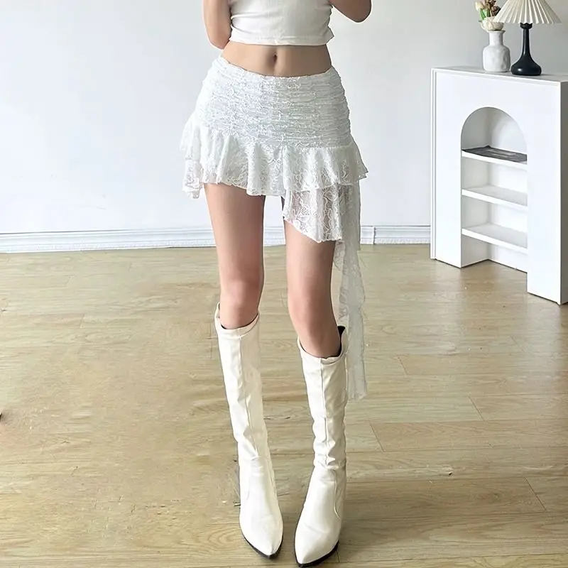 Falda Irregular de retazos de encaje corto con cintas American Gyaru Acubi Alt Grunge diseño de túnica Falda plisada Faldas Cake