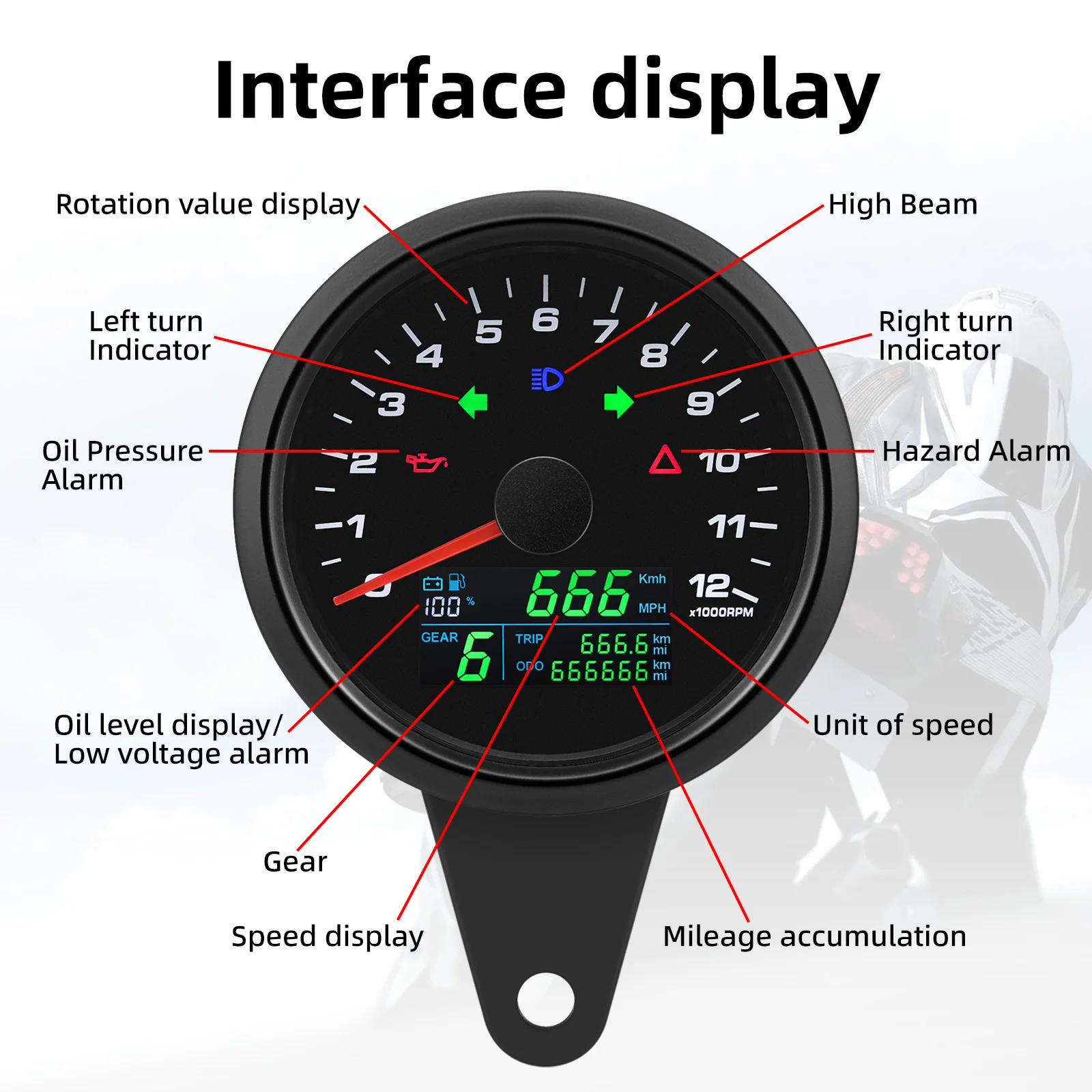 85MM MultiMeter 0-12000RPM Tachometer 0-299KMH,MPH GPS Speedometer 0-190ohm Fuel Level Gauge+Voltage with Bracket Turn Light ODO