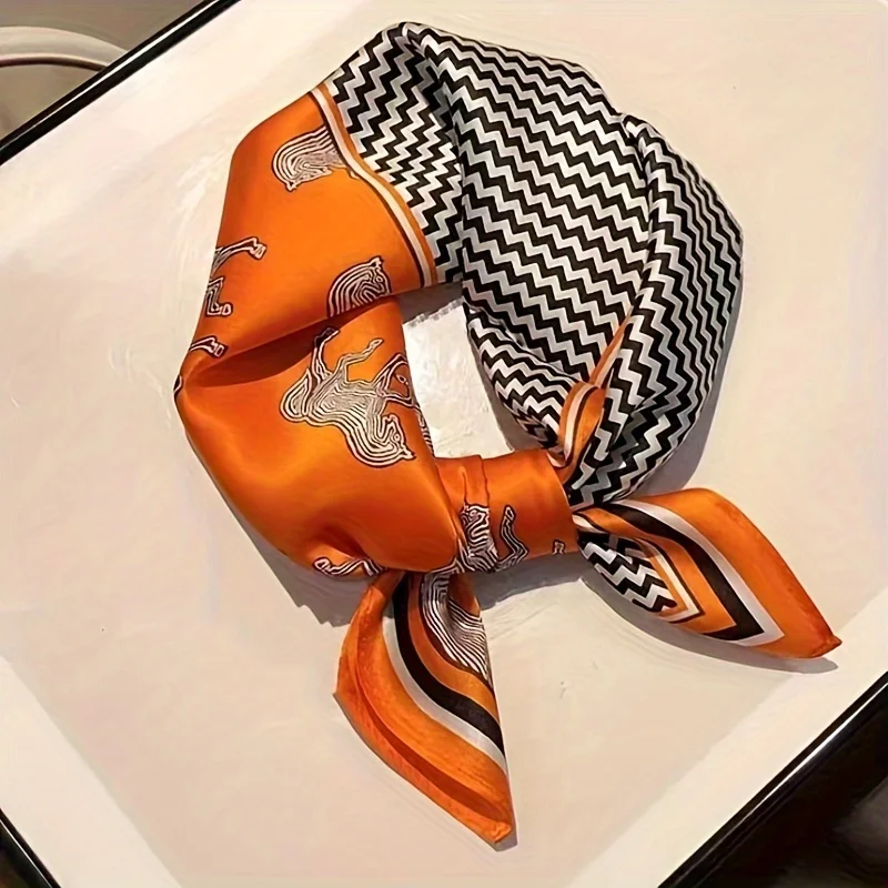 Orange Striped Horse Square Scarf Women\'s Natural Silk Scarf Casual Versatile Decoration Small Neck Scarf