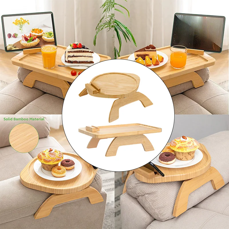 Sofa Tray Table Couch Armrest Trays Wood Phone Holder 360° Rotating Clip-On  Practical TV For Remote Control Drink Snacks