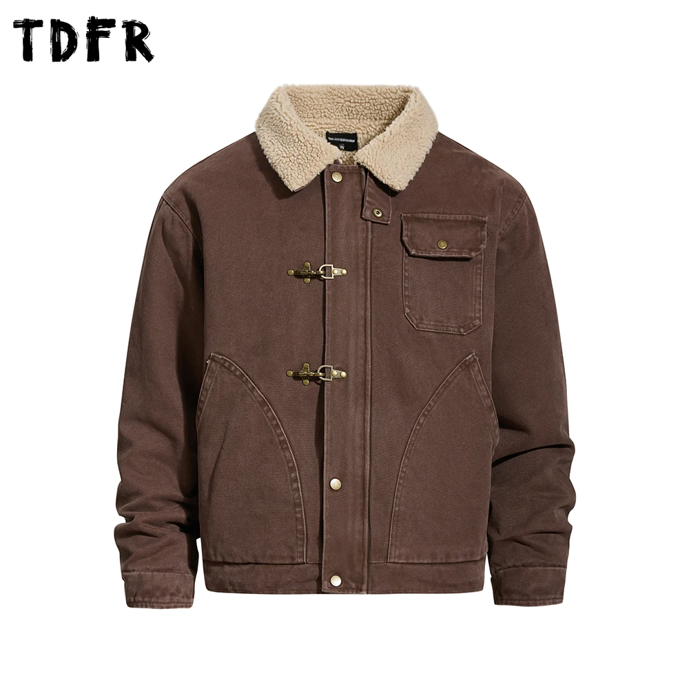 

Мужская стеганая куртка-карго с несколькими карманами, украшенная пуговицами, зимняя толстая повседневная куртка в стиле ретро с длинными рукавами и лацканами, верхняя одежда из шерпа, мужская