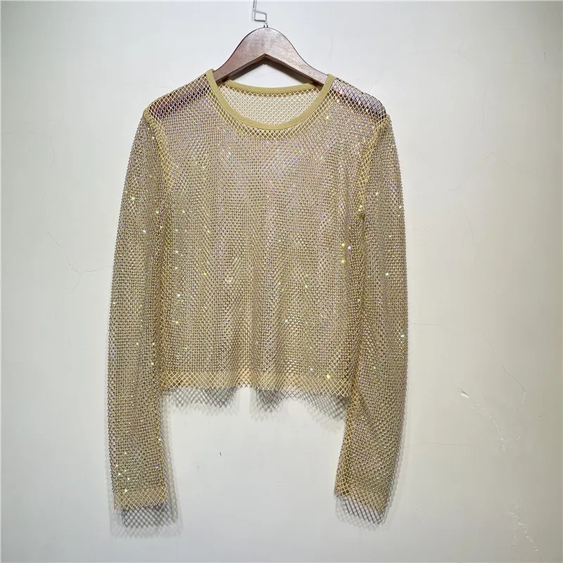 2023 new fashion hotwife fishnet diamonds long sleeve tops glitter sparky high street evening club party see through tops