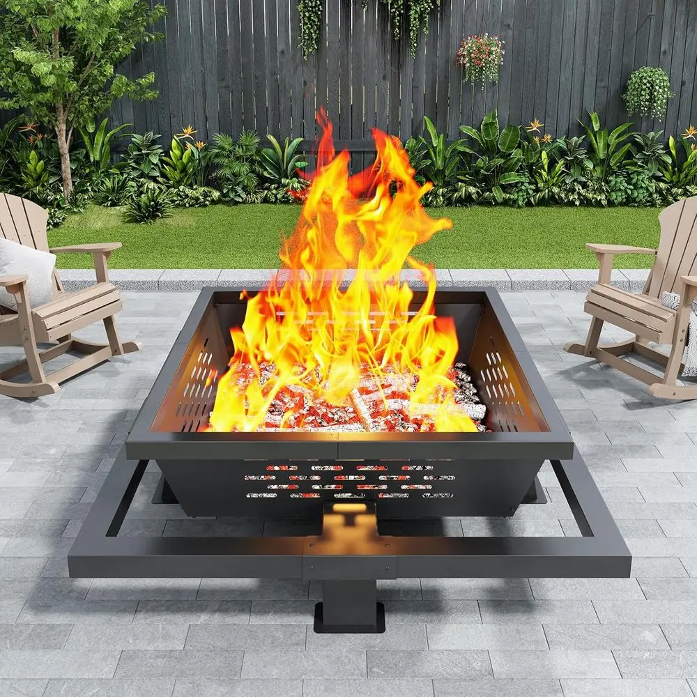 

36 inch ire Pit, Square Outdoor ire Pit with Poker, Wood Burning ire Pit or Camping, Backyard, Patio