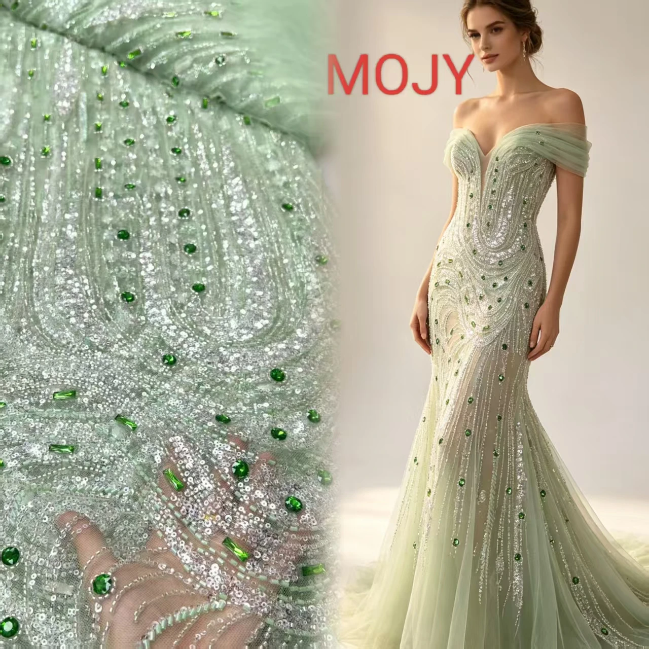 Light Green Beaded Sequin Rhinestone Tulle Mesh Fabric, Sheer Net Cloth for Wedding Dress Evening Gown Party Bridal Dress