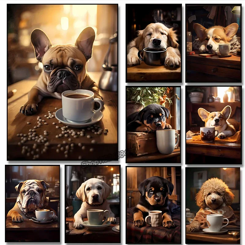 Pintura en lienzo sin marco, perros lindos, Golden Retriever, Bulldog Francés, cachorro, póster de café, pintura en lienzo, animales divertidos, 1 ud.