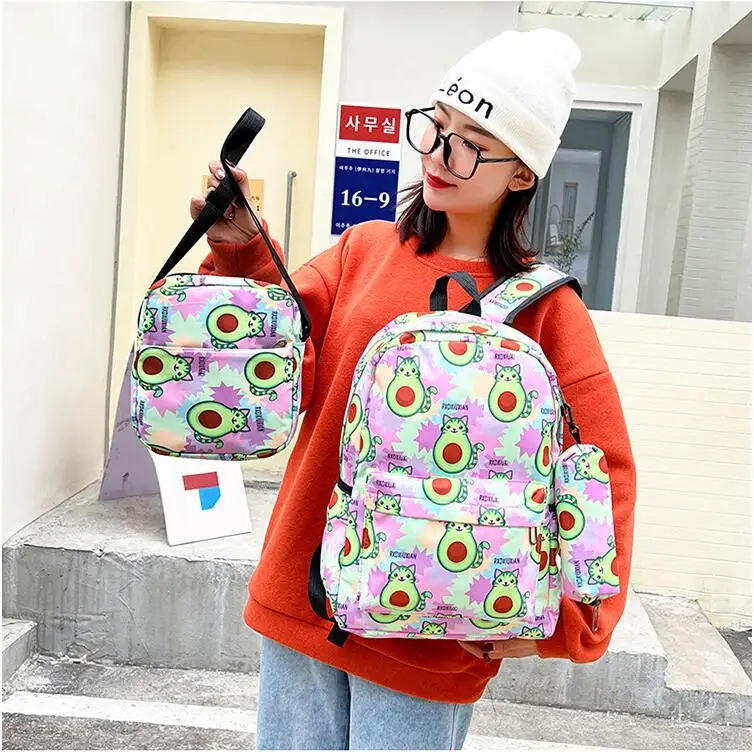 New Unisex Students School Bag Three-Piece Set Avocado Nylon Backpack Rucksack Harajuku Junior And High School Students Mochila