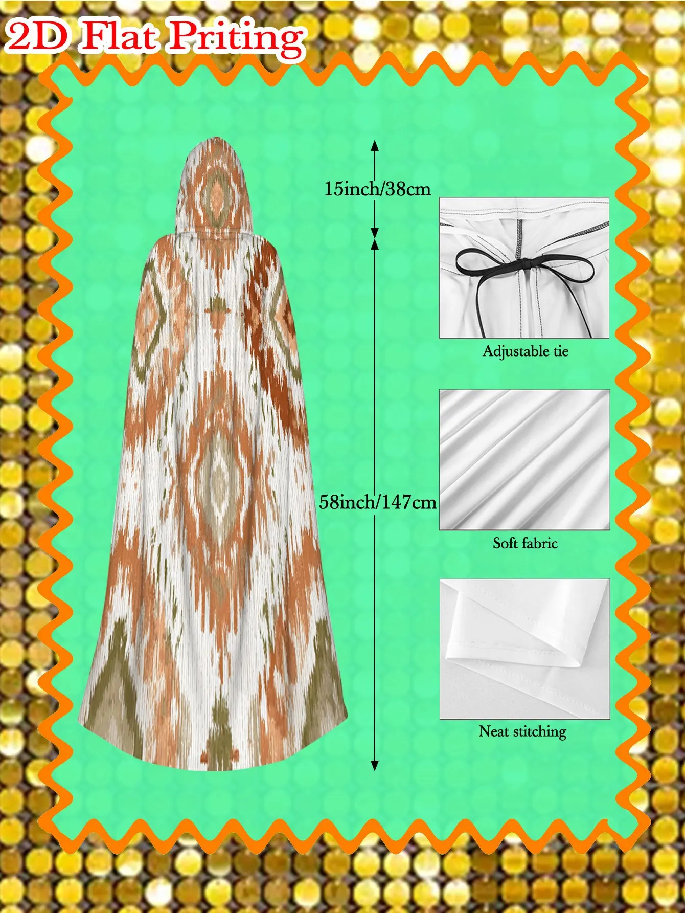 Men' Retro Brown Hooded Cape with Geometric Diamond Pattern Loose Fit Witch Robe Costume Suitable for Halloween
