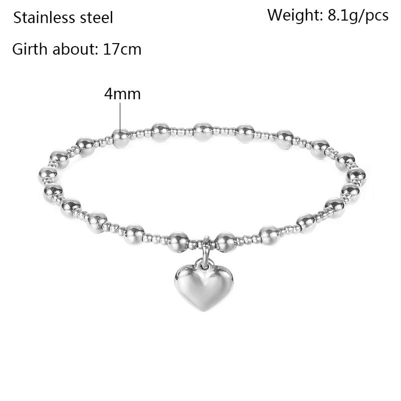 Waterproof Non Fading Metal Stainless Steel Jewelry Girl Party Durable Solid Round Beads Smooth Heart-Shaped Elasticity Bracelet