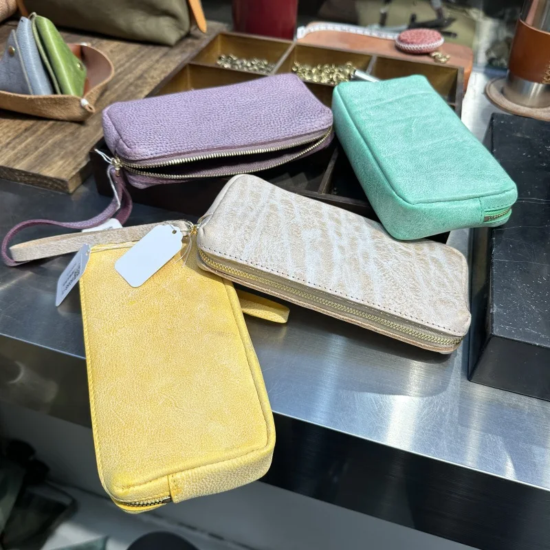Premium fog wax leather leather zipper mobile phone bag banknote cosmetic storage bag wallet soft leather wrist clutch bag