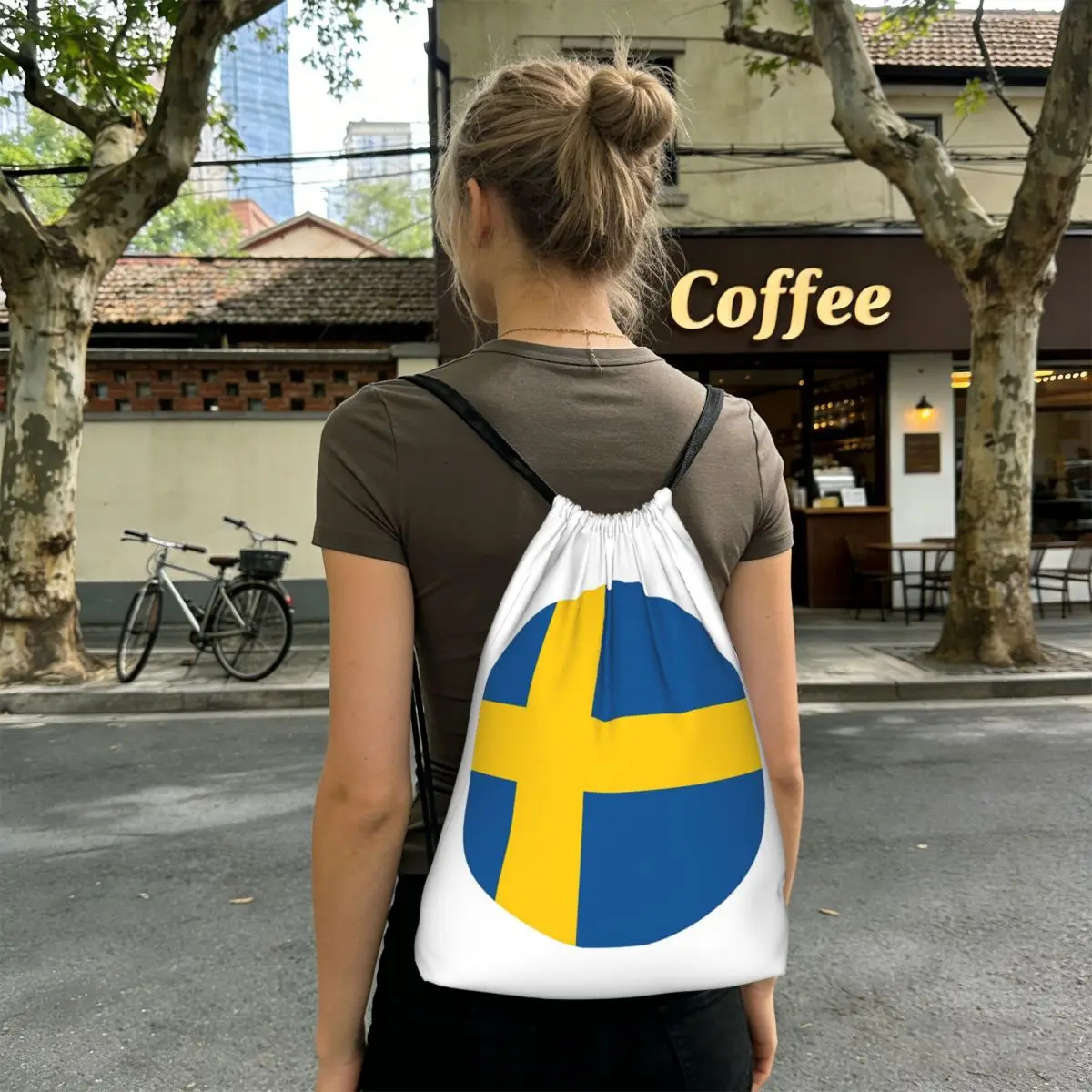 Sweden Swedish Flag Round Backpacks Casual Drawstring Bags Sports Bag Book Bags for Travel Students