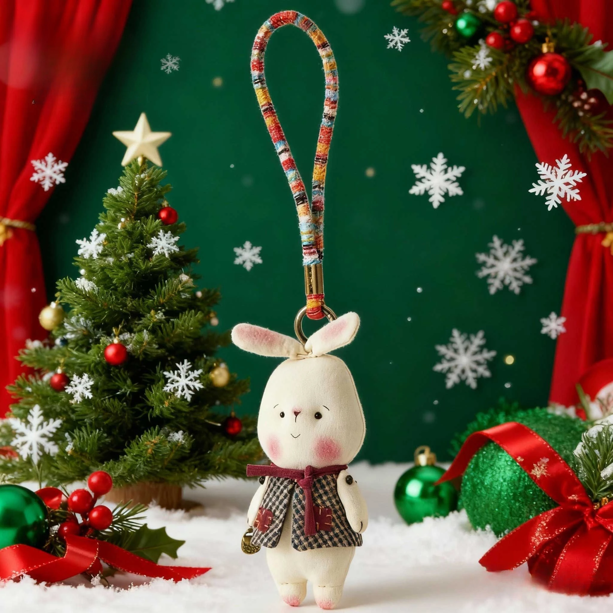 Kaninchenpuppe, handgefertigt, PP-Baumwolle, Kaninchen-Weihnachts-Schlüsselanhänger, nordischer Dressing, Kaninchen, ländliche Sammlung, handgefertigte Puppe, Weihnachtsgeschenk