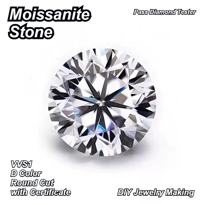 

Moissanite Loose Stone Round Cut D Color VVS1 Pass Diamond Tester Gemstone for DIY Jewelry Making with Certificate