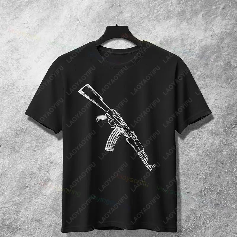 Men's Funny Digital Weapons Ak 47 Guns Originality Graphic T-shirt 100% Cotton Short Sleeve Round Neck Fashion Casual Tshirt