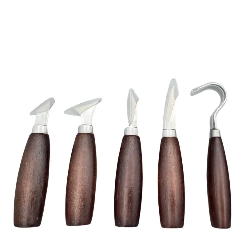 5pc Wood Carving Tools Set Oak Handle Curved Knife For Arts Crafts Tools For Hand Carving Wood Sharp Portable Natural Wood Color