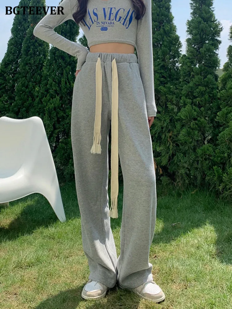 BGTEEVER Spring Drawstring Trousers for Women Casual Elastic Waist Loose Pockets Solid Wide Leg Long Pants Female