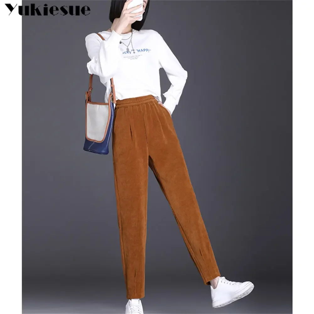 Otoño Invierno pantalones cálidos de pana para mujer Leggings pantalones Harem de cintura alta pantalones de mujer de felpa gruesa Vintage pantalones casuales sueltos