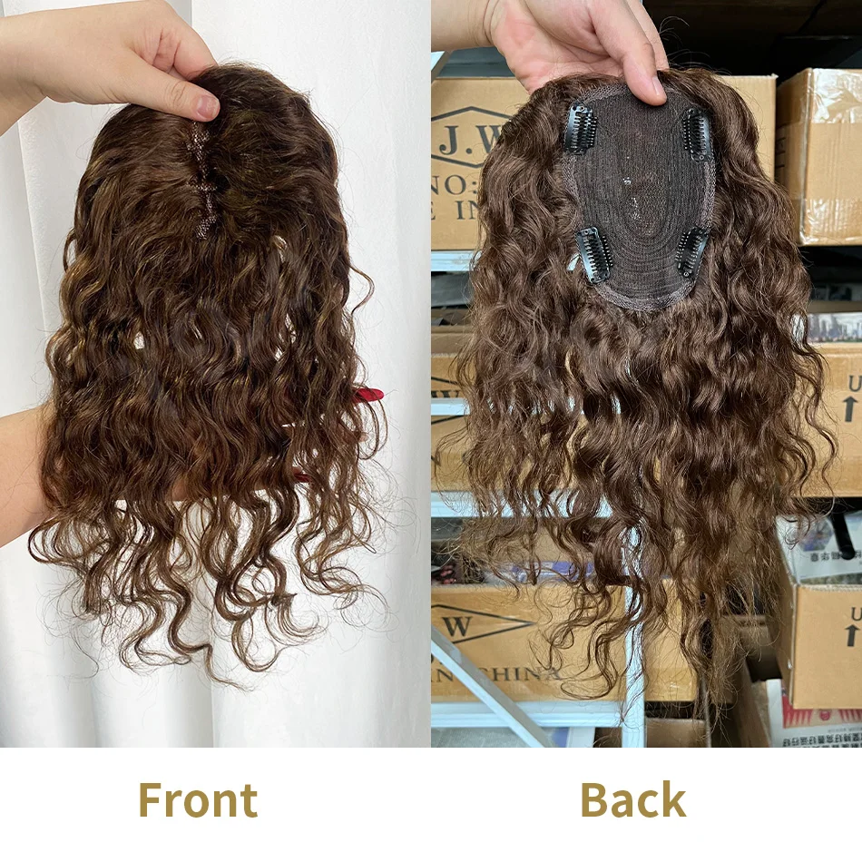 Hand tied Human Hair Topper for Women 12 Inch Curly Remy Hair 9X14cm Lace Base for Thinning Hair Gray Hair Coverage with Clips