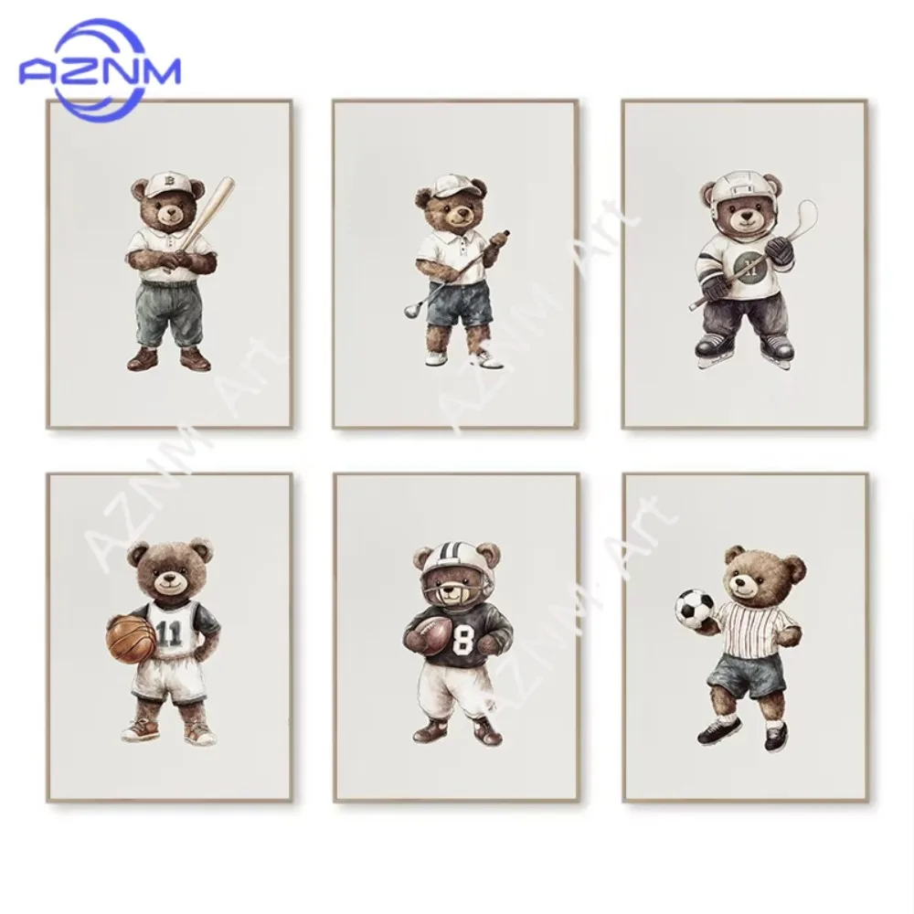 1/6pcs Vintage Teddy Bear Sport Watercolor Posters Basketball Hockey Soccer Canvas Printing Wall Art Picture for Room Home Decor