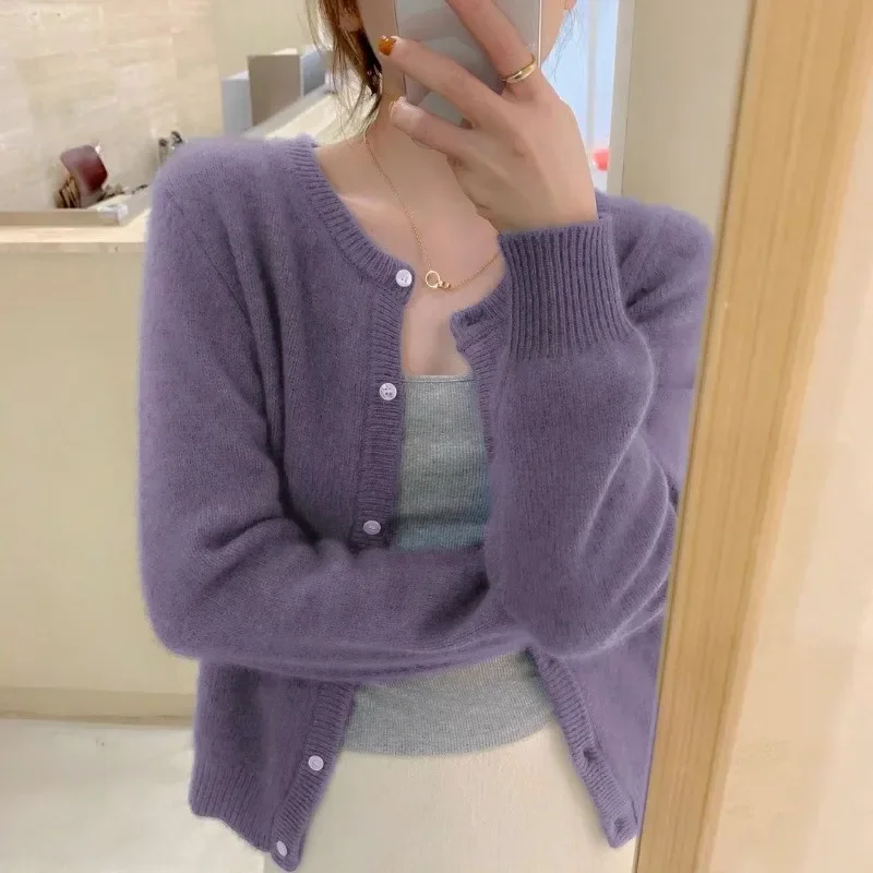 Fall Solid Color Knitted Cardigan Women Korean Single Breasted Long Sleeve Jumper Woman Round Neck All Match Sweater Outwear Top