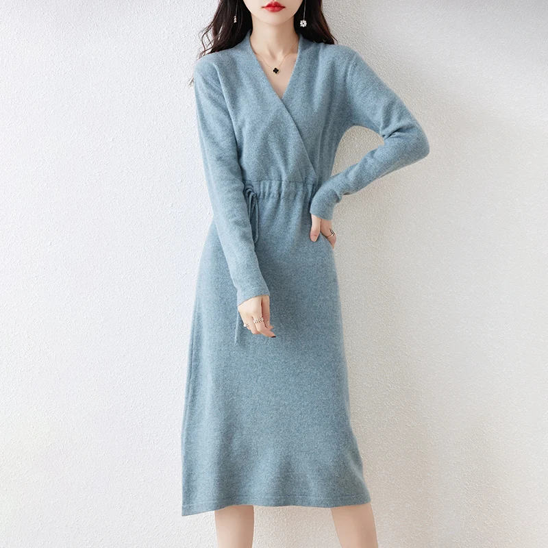 New Women's 100% Merino Wool Dress Autumn Winter Cross V-neck Knit Pullover Dress Long Sweater Cashmere Waist Drawstring Dress