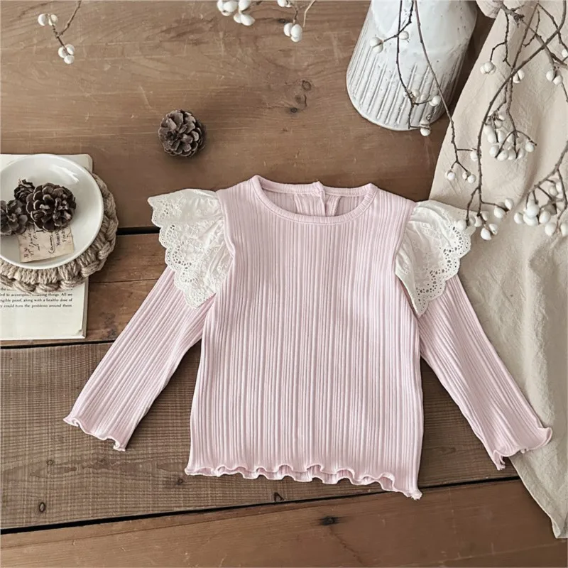 

Newborn Baby Girl Cotton Lace Ruffle Bottom Shirt Infant Toddler Solid Long Sleeve Princess Blouses Spring Autumn Clothes 9M-2T