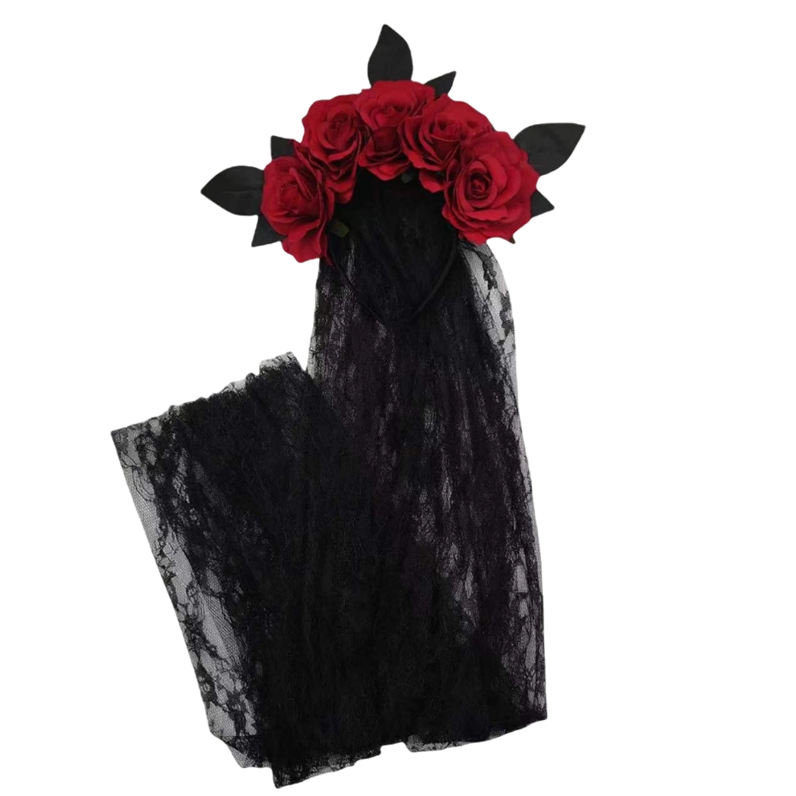 Spooky Halloween Hair Accessory For Eerie Celebrations Faux Rose Flower Crown Gothic Bridal Lace Veil Haunted Wedding Small Gift