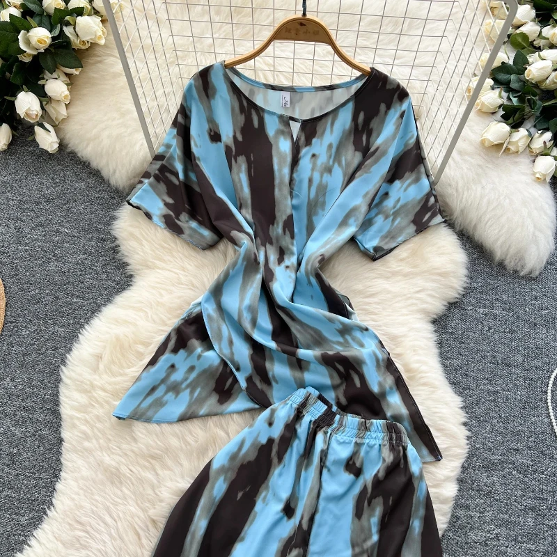 Setelan Dua Potong Fashion Musim Panas Wanita Print Atasan Lengan Pendek + Celana Panjang Kaki Lebar Setelan Wanita Pakaian Jalanan Set Dua Potong