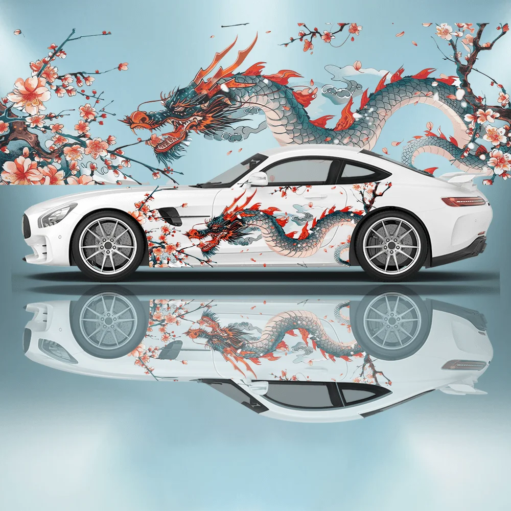 Japanse stijl draak die zich om de bloemtak kronkelde, auto-sticker, volledige bloemendecoratie, die krassen bedekt en beschermt