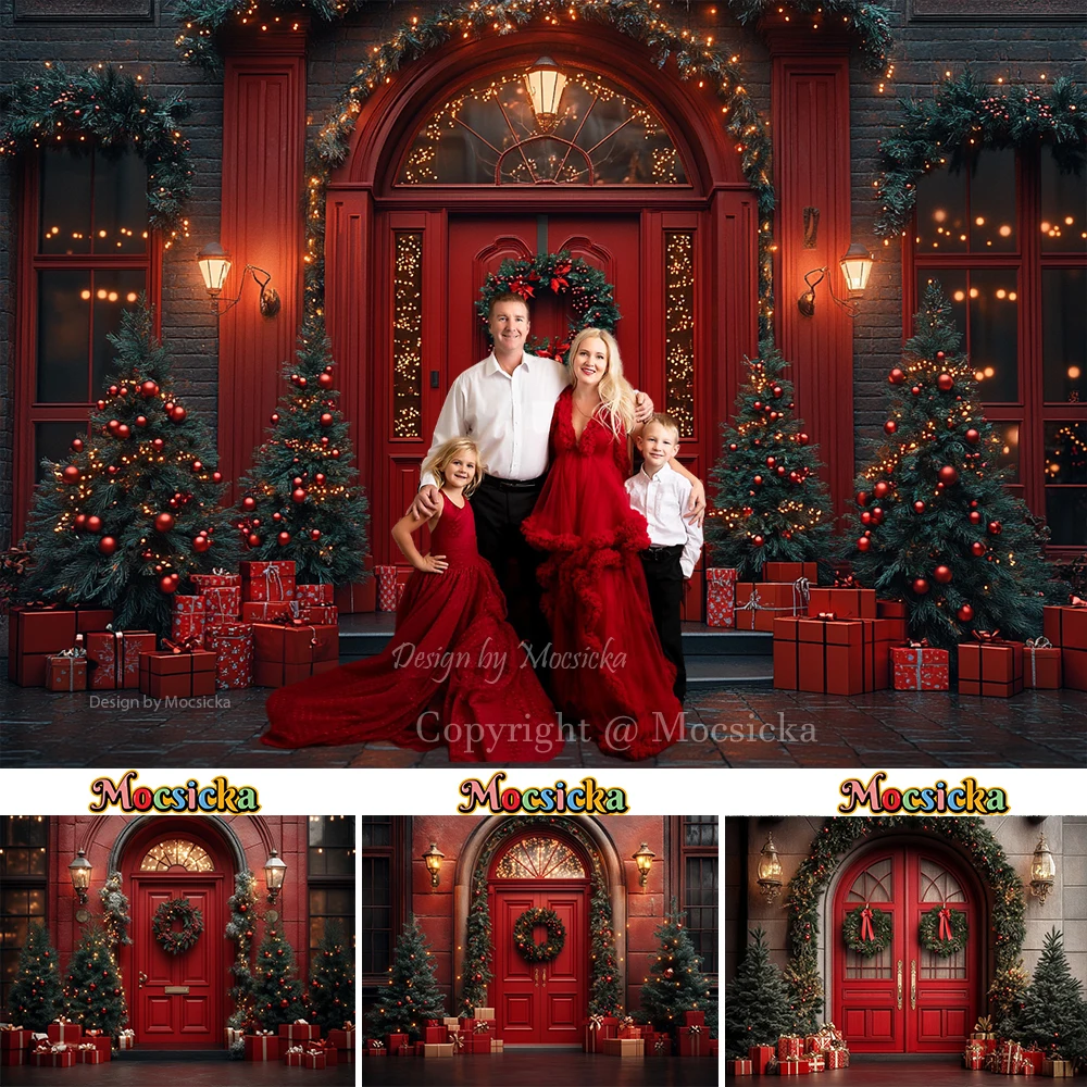 

Red Christmas Door Background Photography Xmas Tree Gifts Photobooth Glitter Light Backdrop New Year's Eve Family Photo Studio