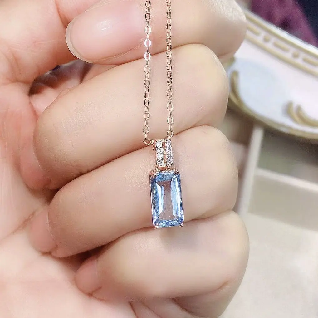 Light Blue Aquamarine Pendant for Office Woman Solid 925 Silver 4mm*8mm 1ct Natural Aquamarine Necklace Pendant Gift for Wife