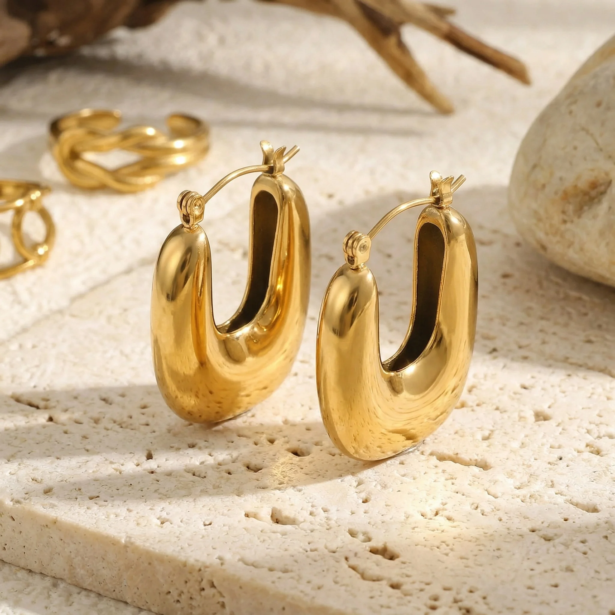 

Women's 18K Gold Plated Stainless Steel U-Shaped Buckle Earrings with Deep Groove Jewelry Gift