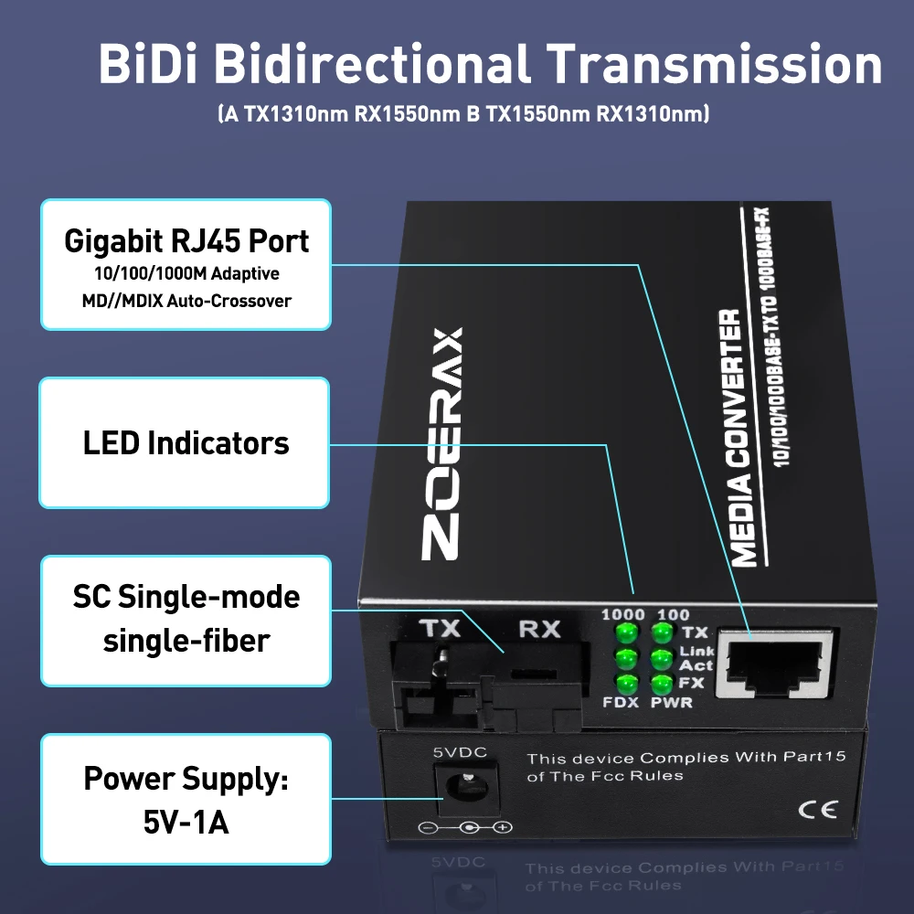 ZoeRax Ein Paar Gigabit-Glasfaser-Transceiver Media Coverter Ethernet SC Singlemode RJ45 Port Optischer Transceiver – Detail 3