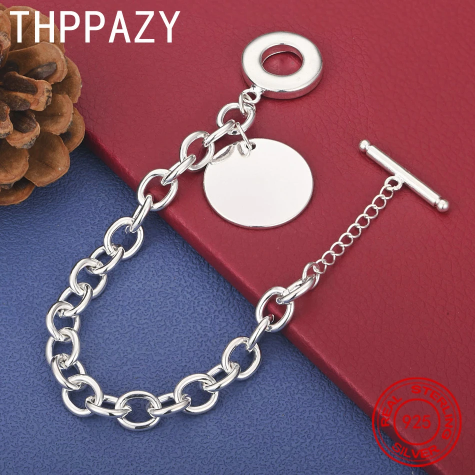 

THPPAZY 925 Sterling Silver Smooth Round Bracelet For Lady Fashion Charm Simple Jewelry Christmas Birthday Party 8-Inch Chain