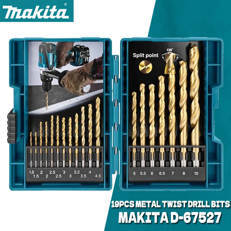 Makita 19 Peças Conjunto de Brocas Elétricas Titânio-nitrido Revestimento Carpintaria Metal Trabalho Tin Hss Metal Torção Broca D67527