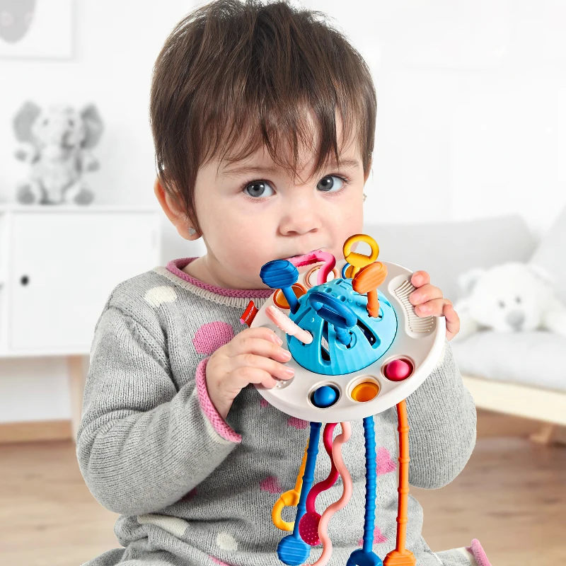 Juguetes Montessori para bebés 0 a 6 meses juegos cuerda tracción silicona Juguetes Educativos niños pequeños mordedor sensorial