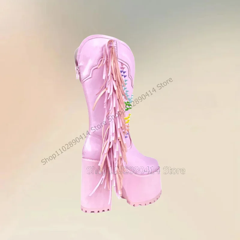 Colorful Rivets Pink Tassels Decor Platform Boots Back Zipper Women Shoes Chunky High Heels New Fashion 2023 Zapatos Para Mujere