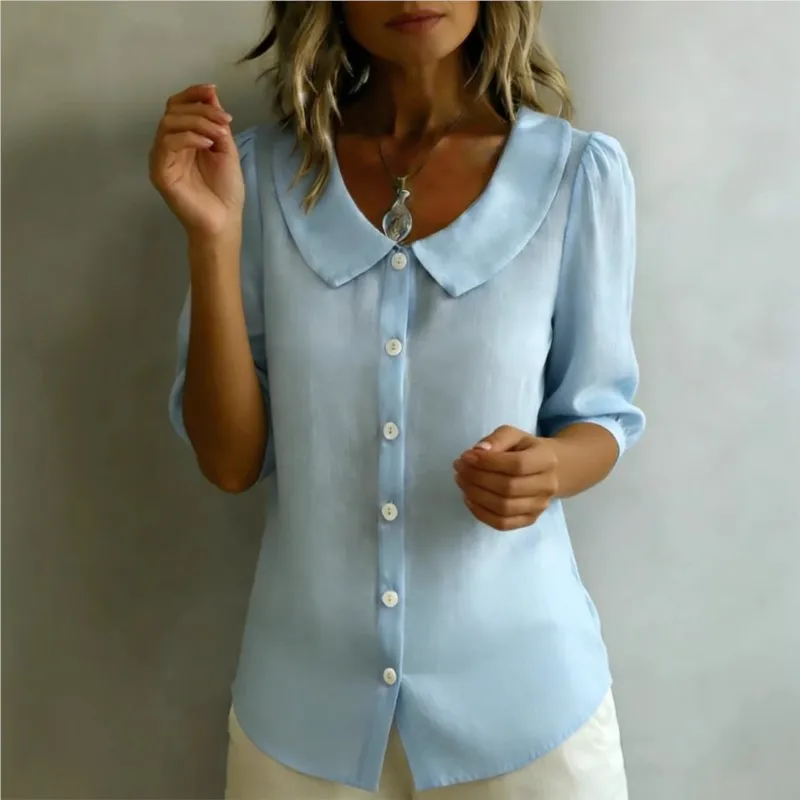 

Ретро повседневная женская блузка-рубашка 2026 года, летняя однотонная футболка с отложным воротником, топ с коротким рукавом, женская одежда-пуловер
