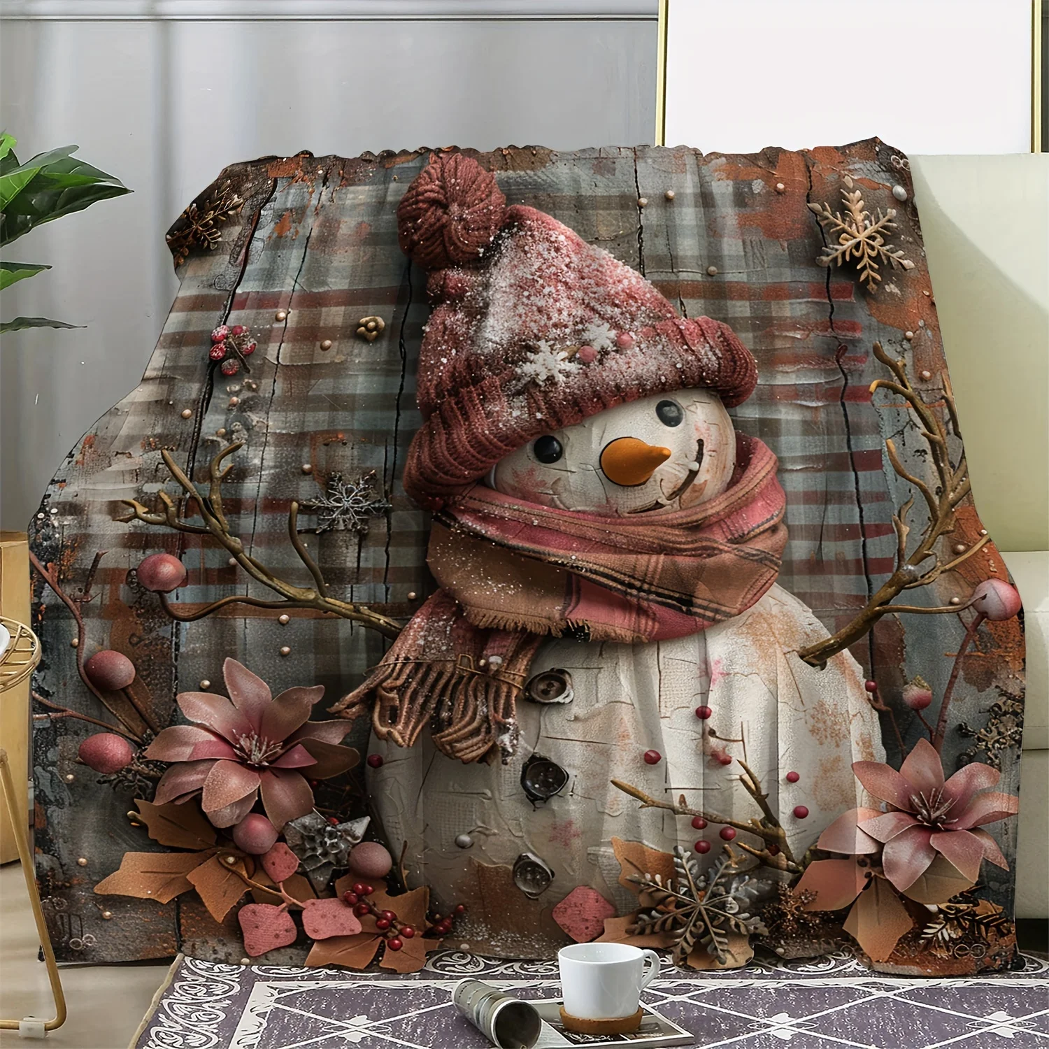 Cozy Flannel Christmas Blanket with Snowman & Floral Print - Soft, Warm Throw for Couch, Bed, Car, Office, Camping - Versatile A