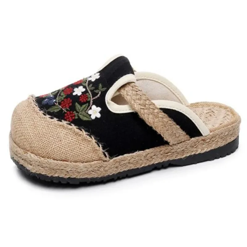 Women Casual Linen Embroidery Flat Slippers Retro Summer Ladies Canvas Comfortable Espadrille Shoes 2024