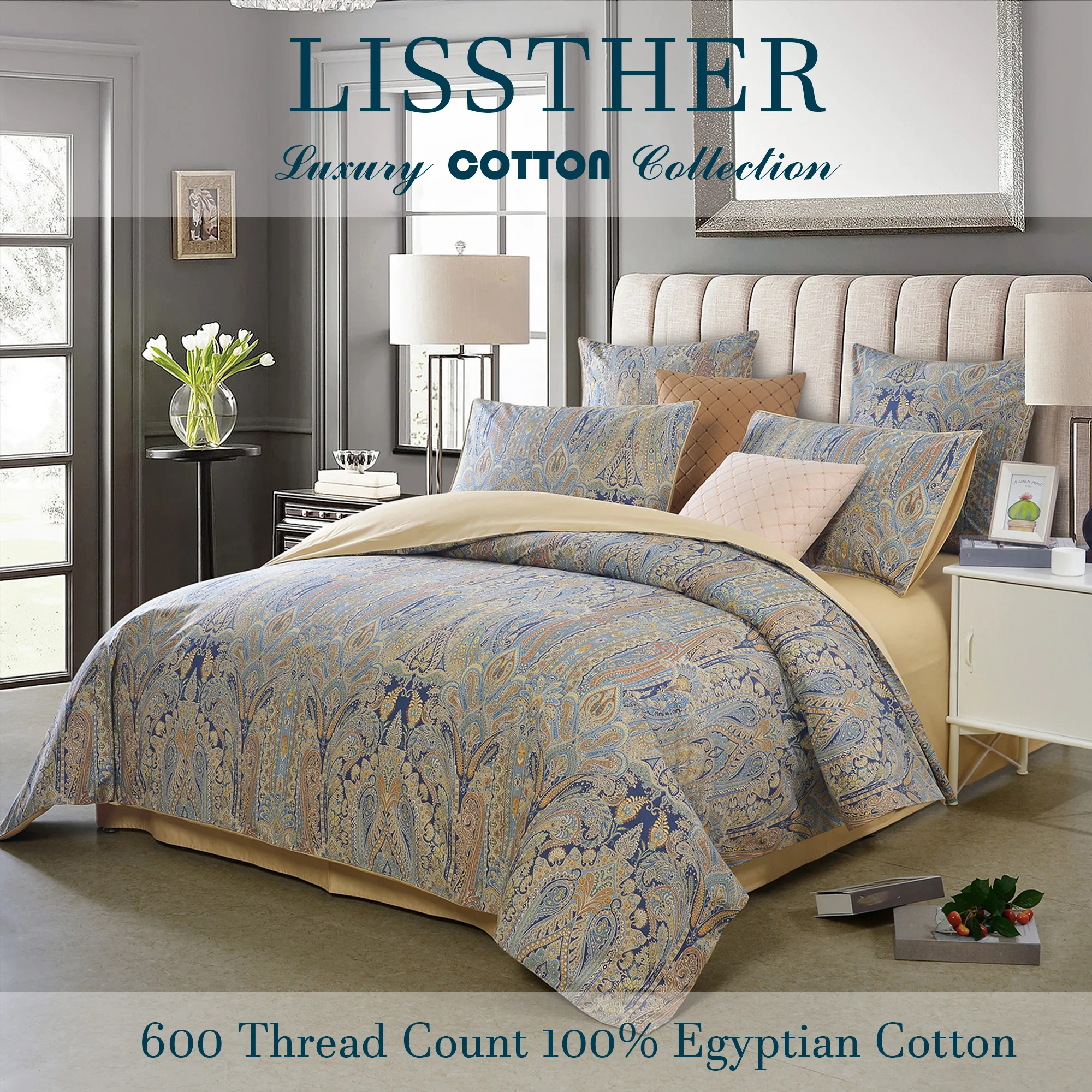 3pcs 600 TC 100% Egyptian Cotton Duvet Cover Set (Without Core), Vintage Bohemian Paisley Royal, Soft & Skin-friendly