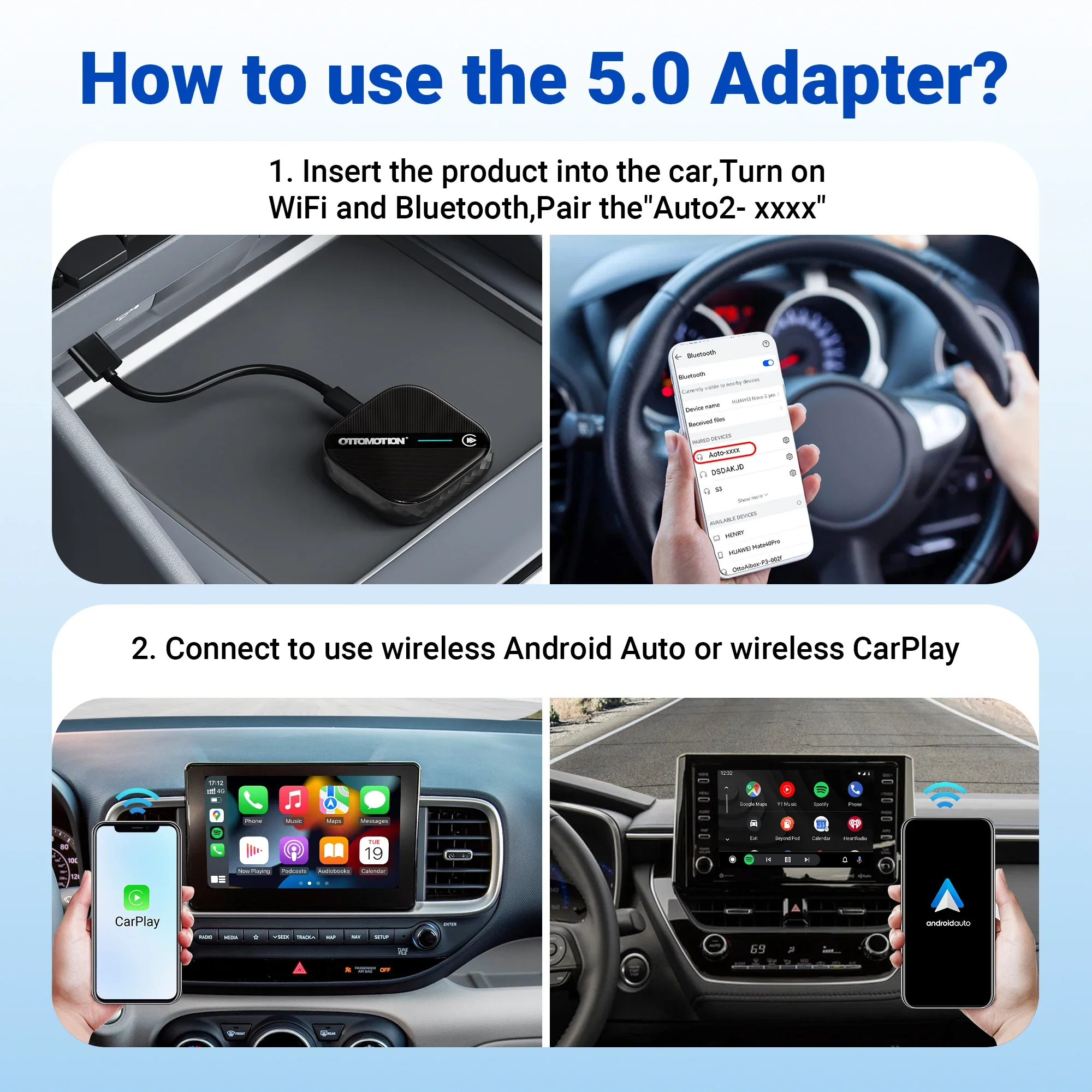 OTTOMOTION 5.0 Android Auto Wireless CarPlay Adapter Car Accessories GPS Navigation for Volkswagen Benz Ford Kia Volvo Chevrolet