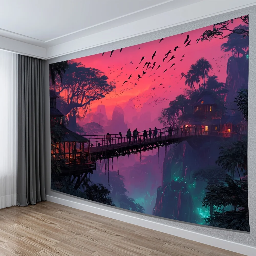 Anime Fantasy Sunset Tapestry Neon Cyberpunk Landscape Ghibli Inspired Wall Decor Mystical Asian Room Art Print