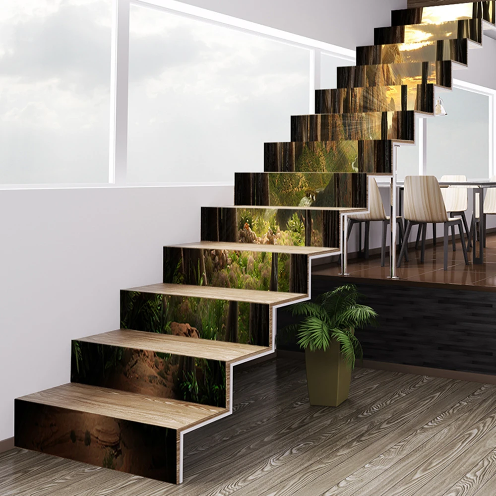 3D Forest Mountain Canyon Stair Riser Stickers 13Pcs 100x18cm Vinyl Nature Landscape Decals Removable Home Staircase Decor Mural