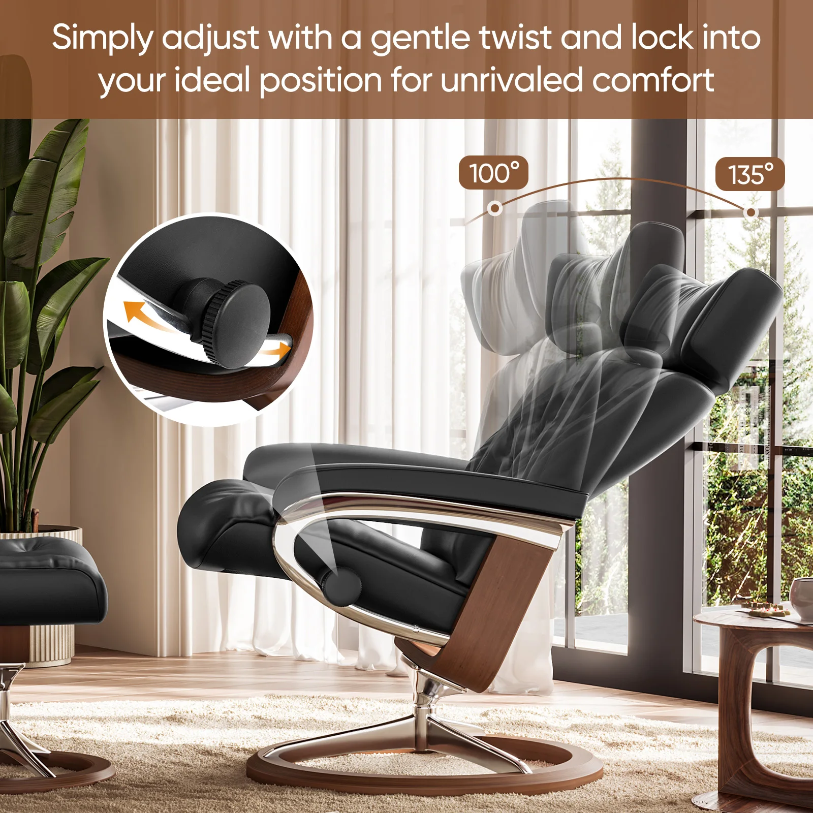 كرسي دوار خلفي قابل للتعديل مع كراسي استرخاء من الجلد الطبيعي المريح والعثماني لغرفة النوم وغرفة المعيشة