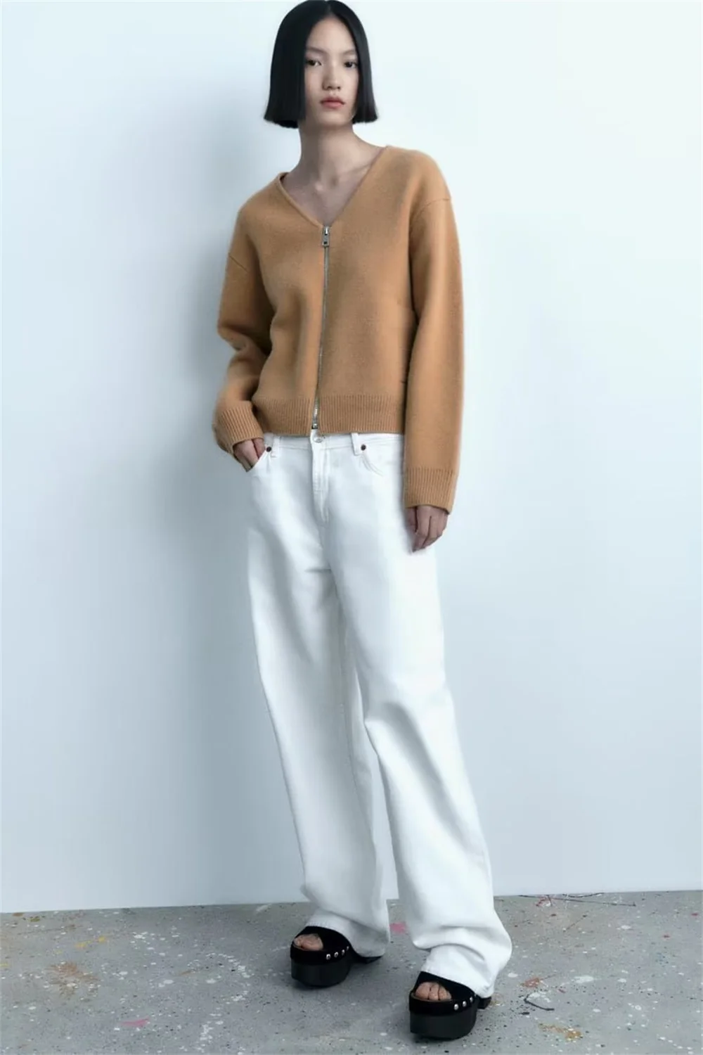 女性用ニットジッパー付きカーディガンジャケット,Vネックのショートコート,KNitwearトップス,単色ジャケット,秋