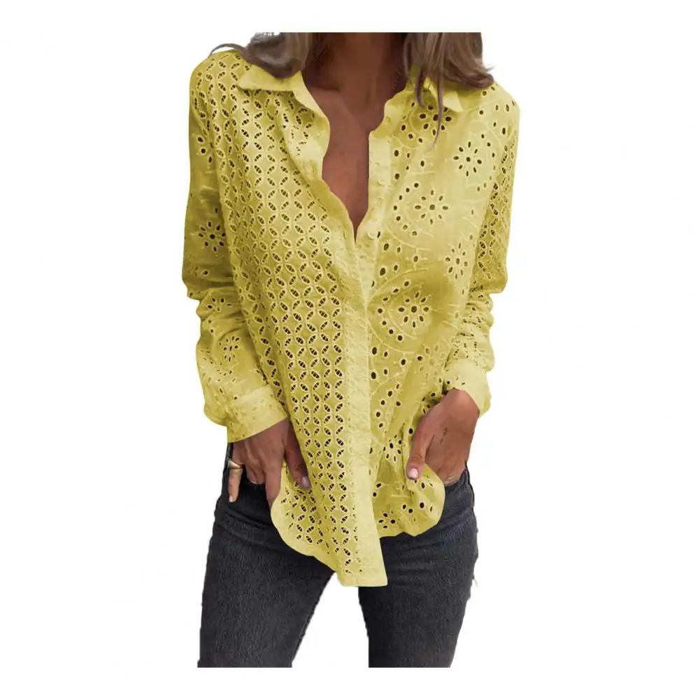 Damesshirt Elegant Holle Bloemenpatroon Revershirt Voor Dames Met Lange Mouwen Effen Kleur Werkkleding Top Met Enkele Rij Knopen