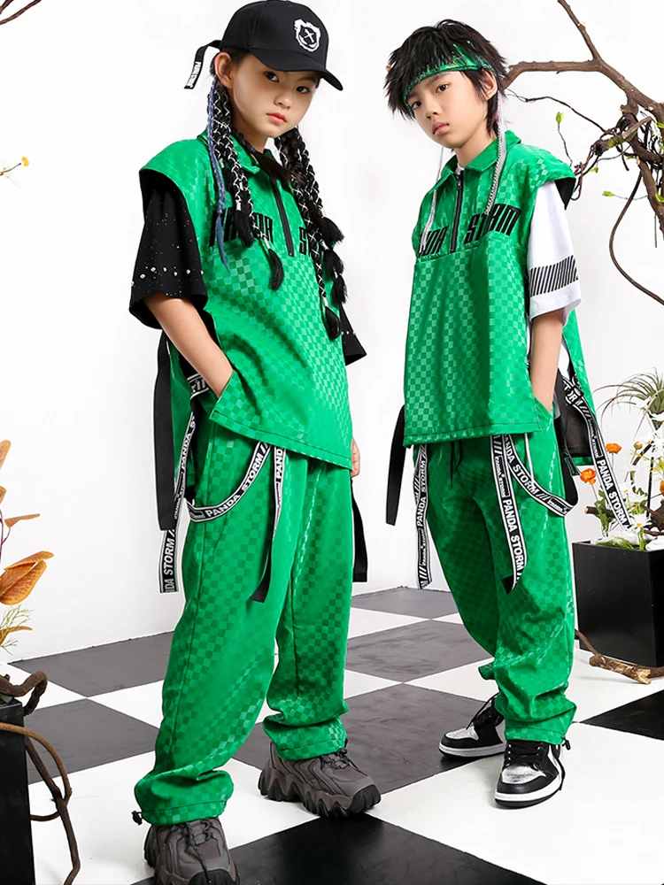 Verde Plaid gilet pantaloni bambini Hip Hop Costume ragazze ragazzi Street Dance vestiti estate allentato abbigliamento Casual moderno Rave vestiti BL8127