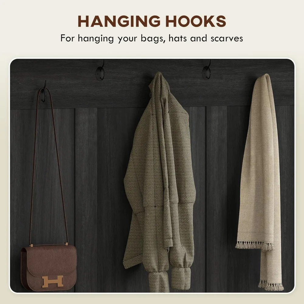 رف معطف المدخل على طراز المزرعة مع مقعد وتخزين، رف أحذية قائم بـ 7 خطافات لغرفة الطين، شجرة قاعة خشبية سوداء